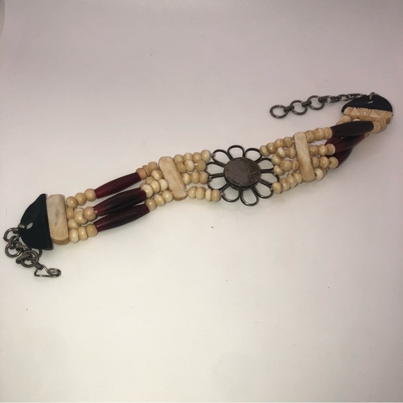 Vtg Carved Bone Petrified Wood & Leather Accent Choker Necklace 12” - 14” - Picture 3 of 7